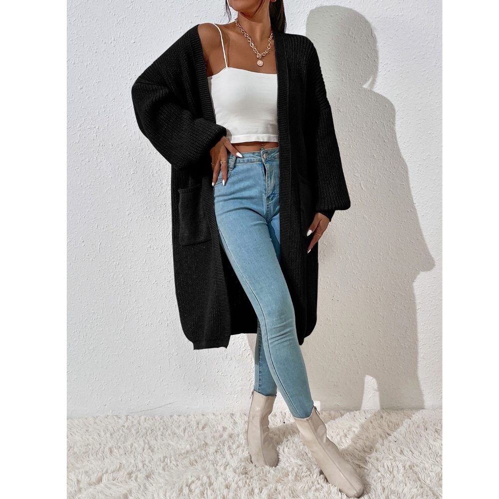 Black Duster Cardigan Front Pockets Cable Knit Long Sleeve Midi Length - Picture 2 of 8
